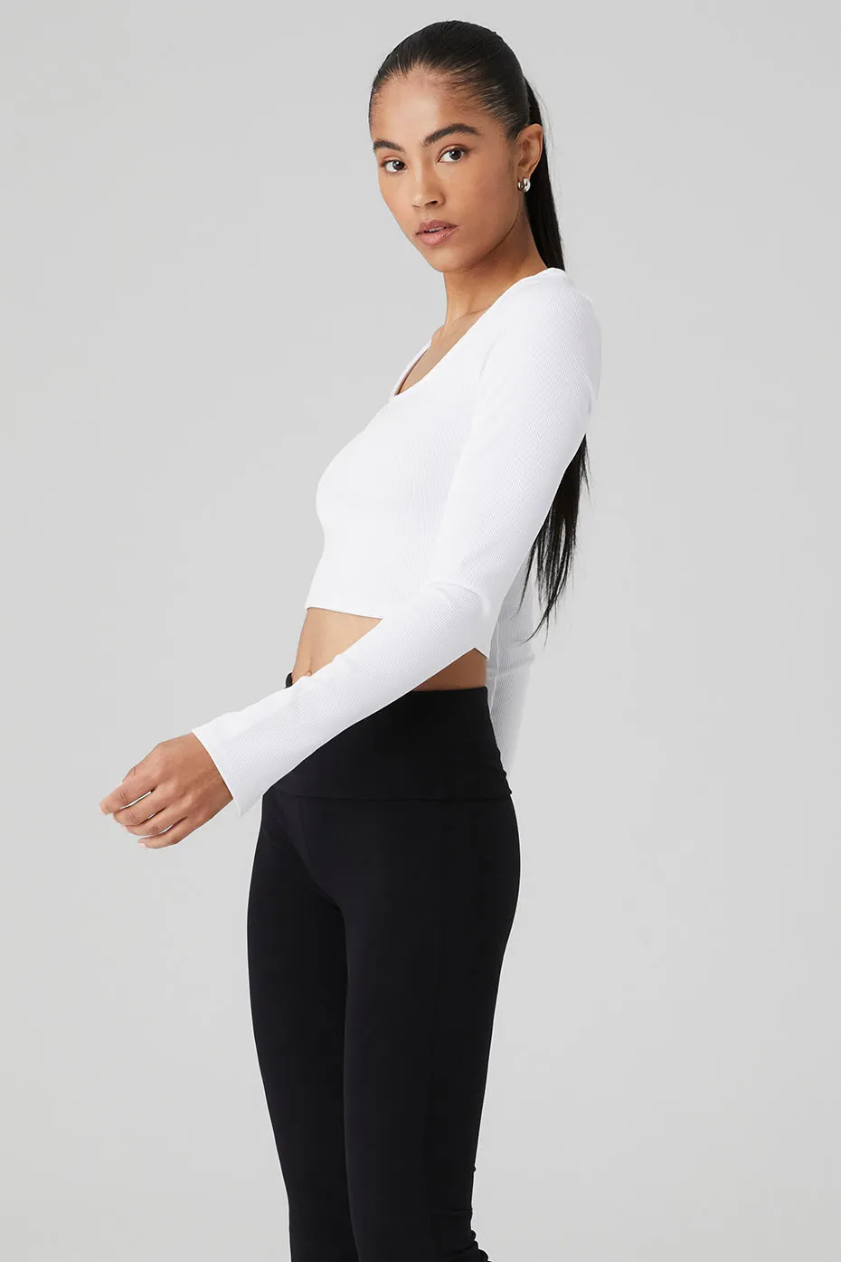 Alosoft Ribbed Show Stopper Long Sleeve Top - White