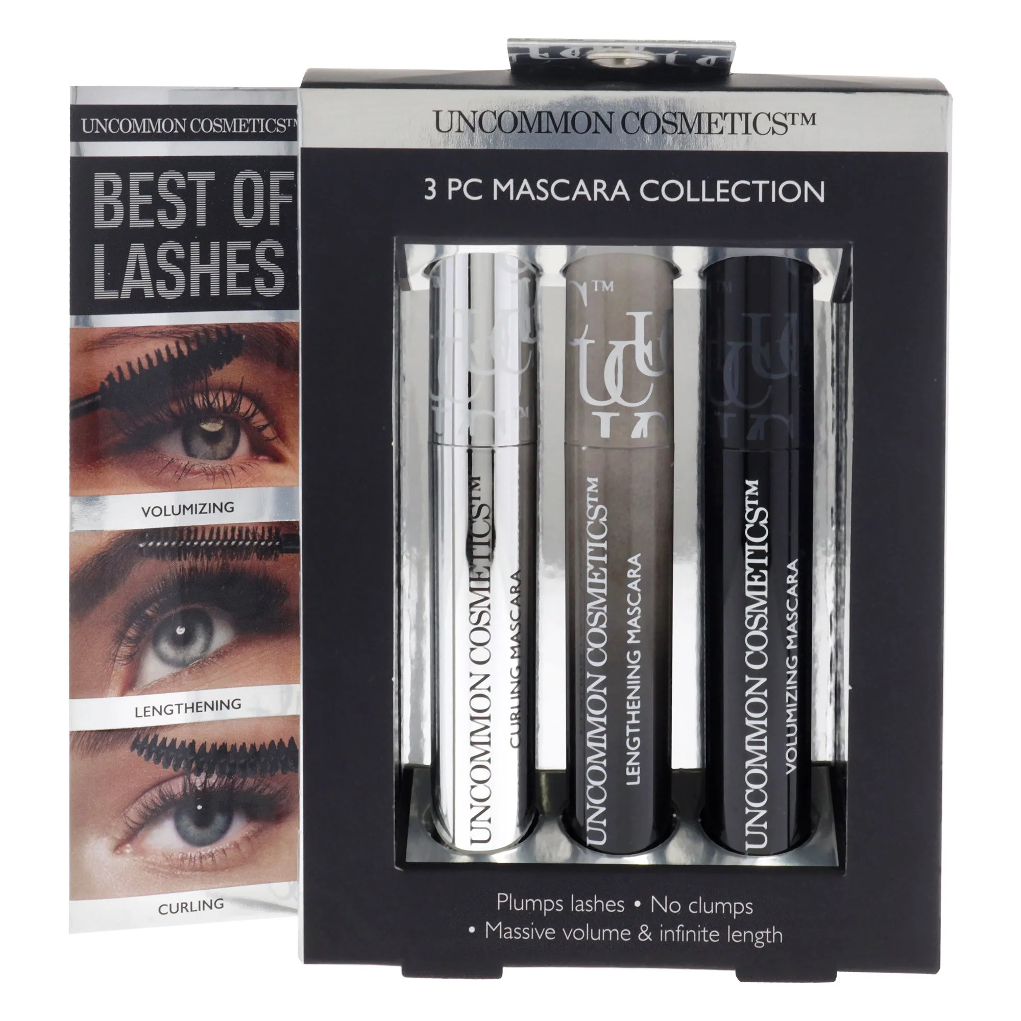 Best Of Lashes Mascara Collection Set by Uncommon Cosmetics for Women - 3 Pc 0.27oz Lengthening Mascara, 0.27oz Volumizing Mascara, 0.27oz Curling Mascara