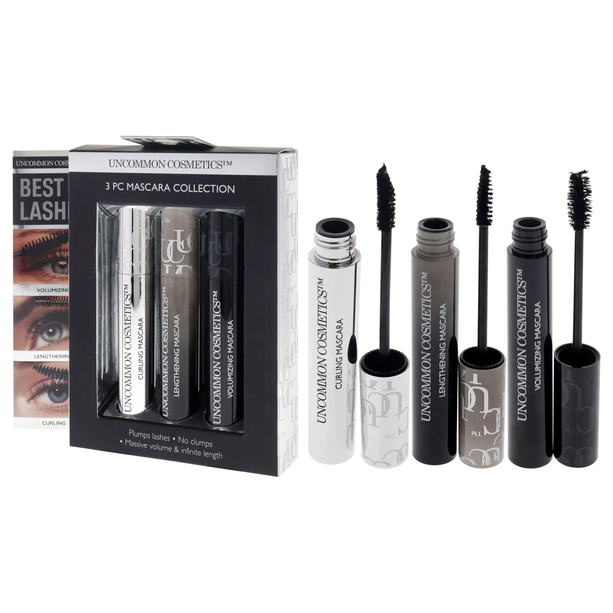 Best Of Lashes Mascara Collection Set by Uncommon Cosmetics for Women - 3 Pc 0.27oz Lengthening Mascara, 0.27oz Volumizing Mascara, 0.27oz Curling Mascara